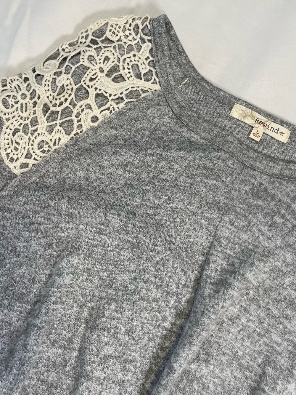 Rewind Gray Lace Shoulder Twist Front Top | Size Large | Boho Cottagecore - Picture 5 of 8